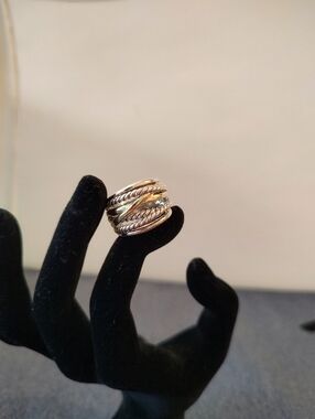 David Yurman Sterling and 18k Wide Band Crossover Ring Size 7